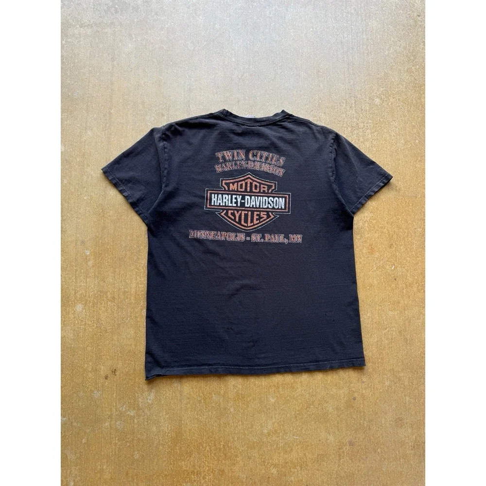 Harley Davidson Faded & Distressed Flames Wolf Minneapolis Biker Y2K T-Shirt (L)